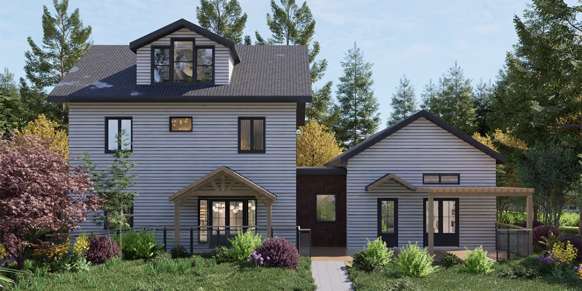 Architectural rendering of a two-story farmhouse-style main home with gray horizontal siding connected to a smaller single-story ADU with matching siding, surrounded by trees and garden landscaping