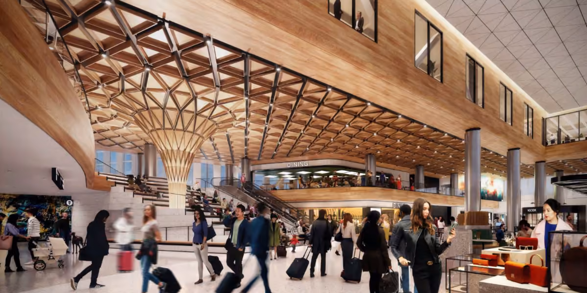 Interior rendering of Sea-Tac Airport's expanded C Concourse, showing travelers walking through a bright terminal with a curved wood-lattice ceiling and a two-story dining and retail area
