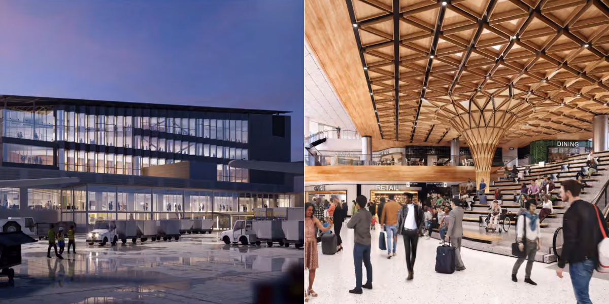 Two-panel image showing an exterior rendering of a modern glass building at dusk on the left, and an interior rendering of a bright airport dining concourse with a wood-lattice ceiling on the right