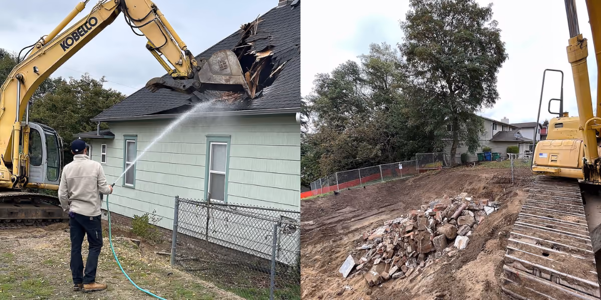Two-panel image showing a person hosing down a partially demolished green house with an excavator on the left, and a cleared lot with an excavator and stacked debris on the right, documenting the Palomo Residence demolition