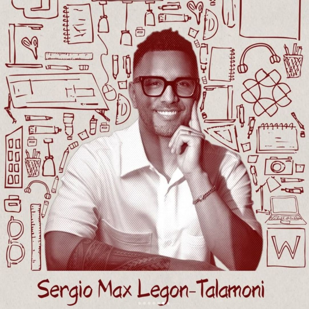 Illustrated portrait of Sergio Max Legon-Talamoni smiling with his chin resting on his hand, surrounded by hand-drawn design and architecture icons like drafting tools, a laptop, and a camera