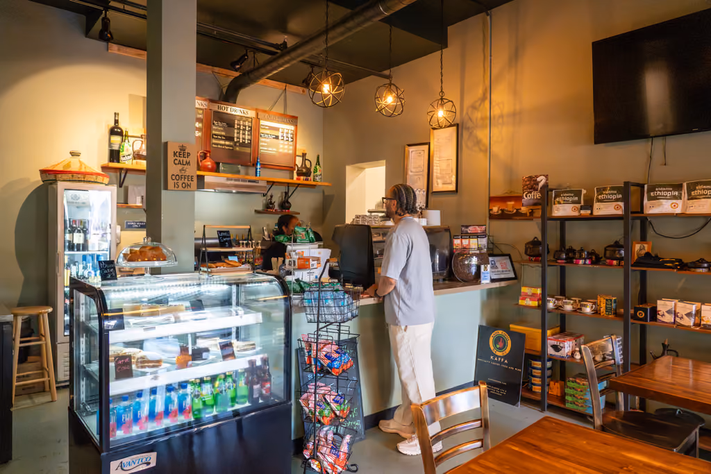 Renovated dining room at Kaffa Coffee & Wine Bar with open seating