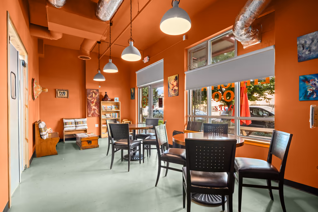Detail of interior finishes and shelving at Kaffa