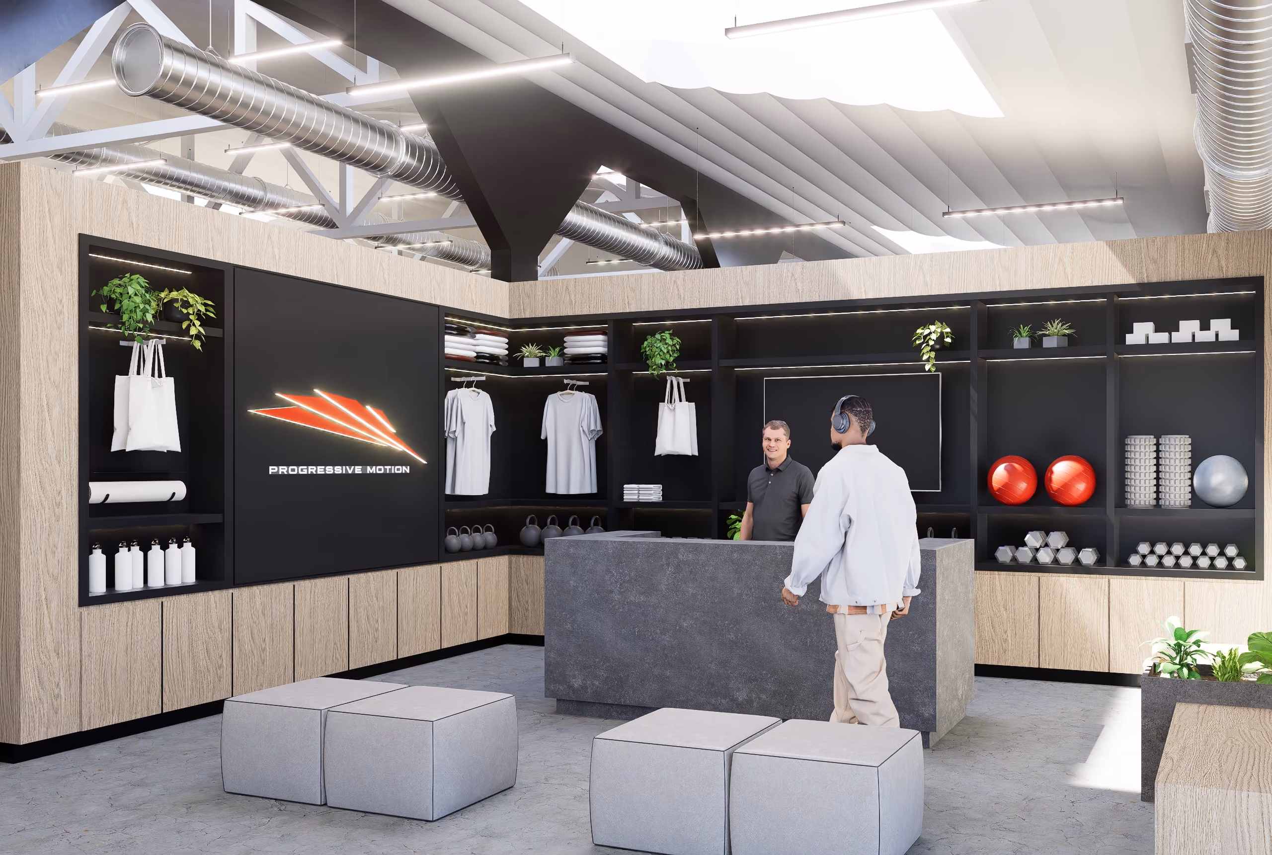 Rendering of community gathering space at Progressive Motion's new facility