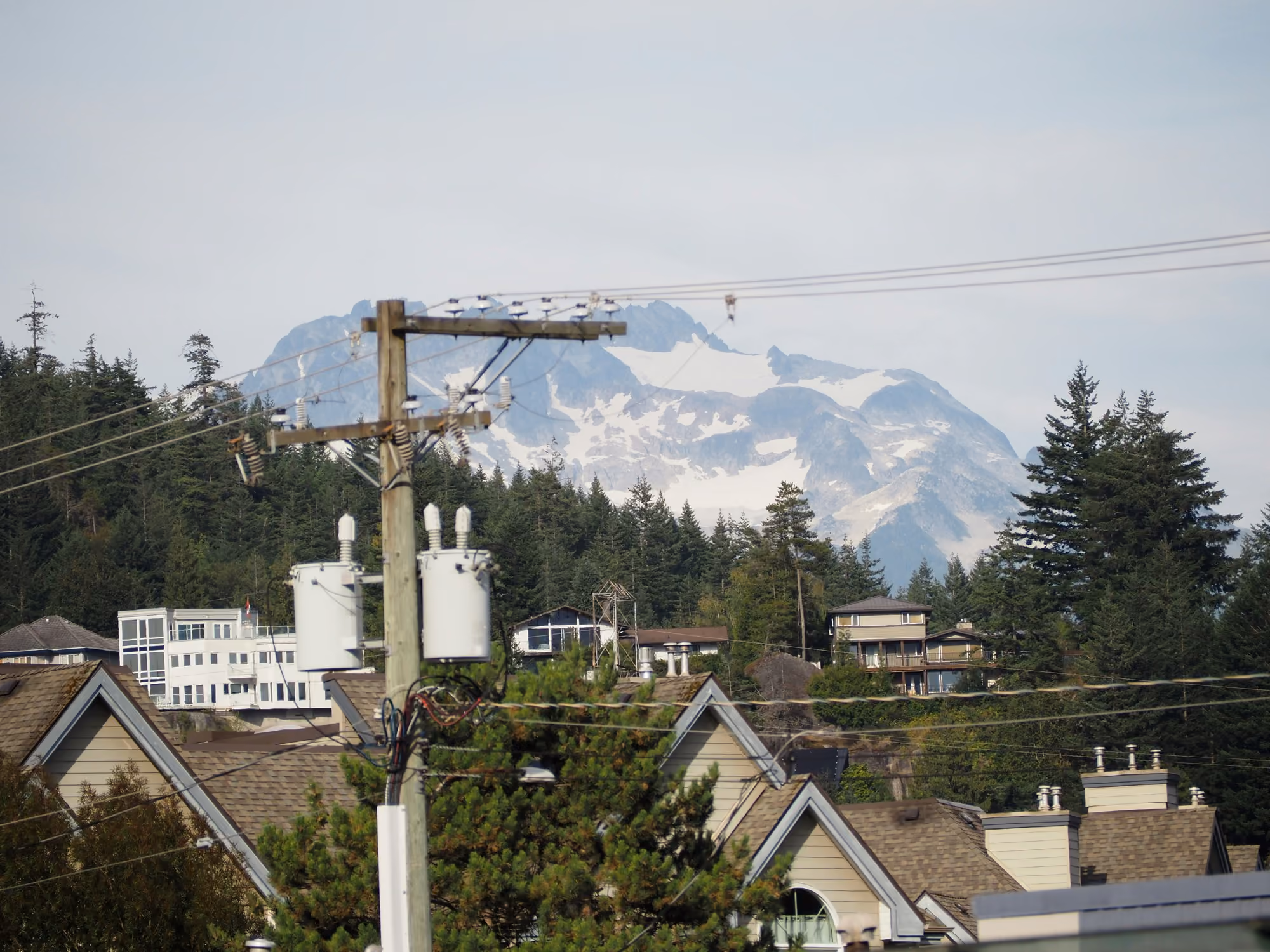 Overloaded wooden utility pole above a residential street in Seattle.