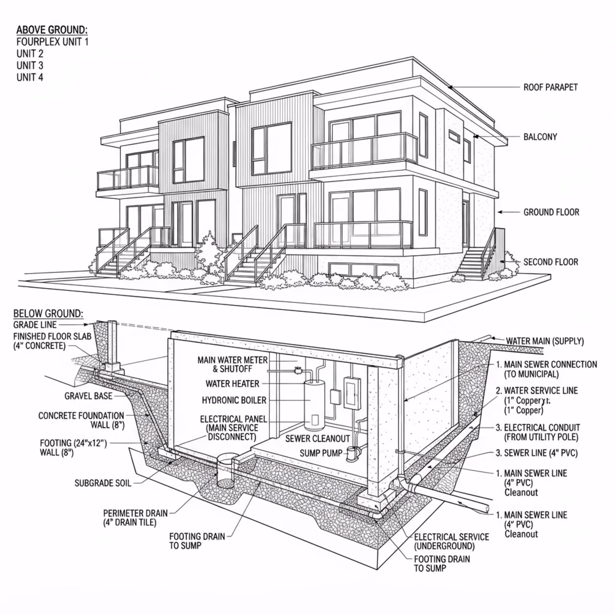 Architect's sketch of a fourplex showing power, water, and sewer connections.
