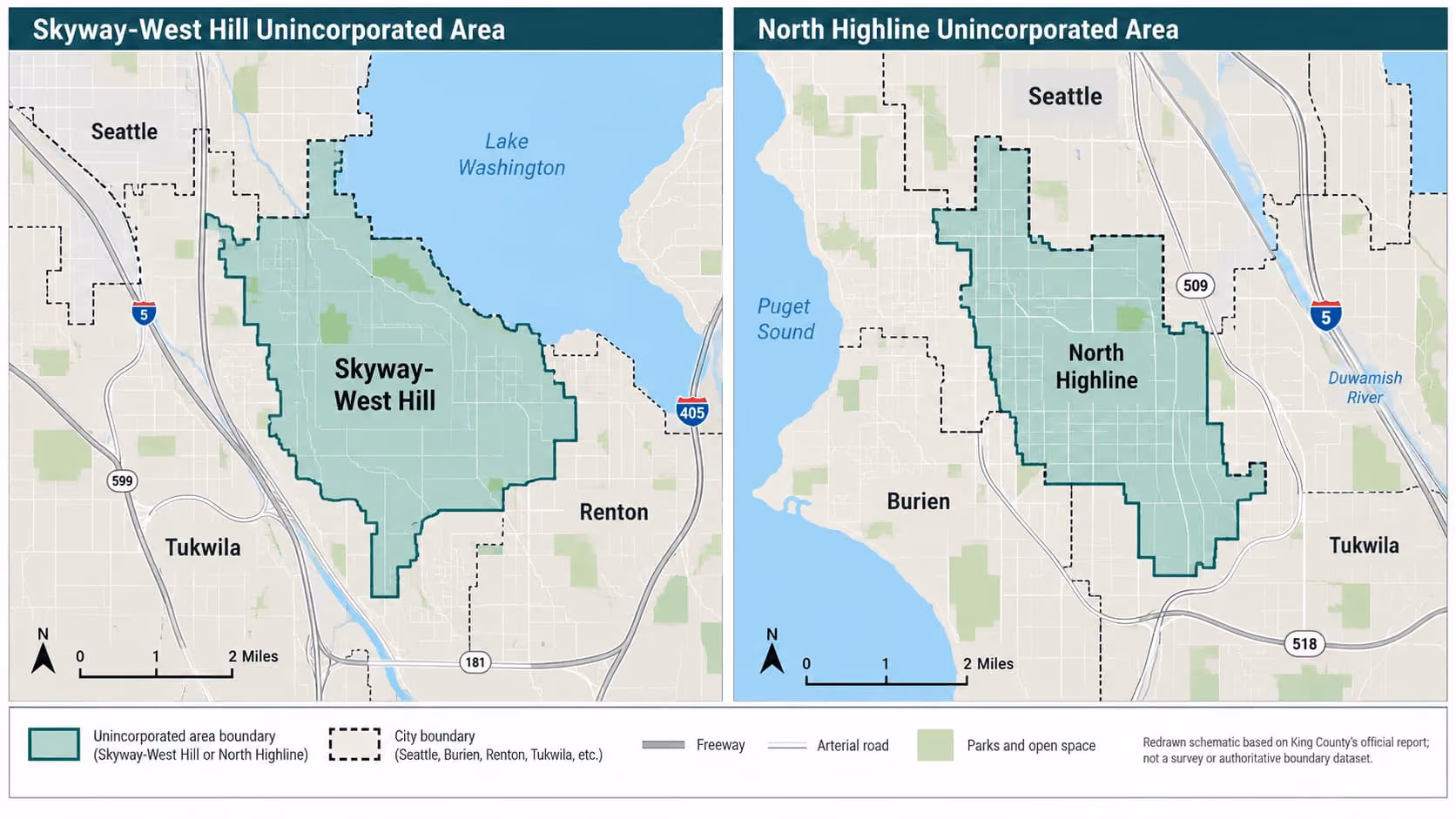 Map showing Skyway-West Hill and North Highline outside Seattle city limits.