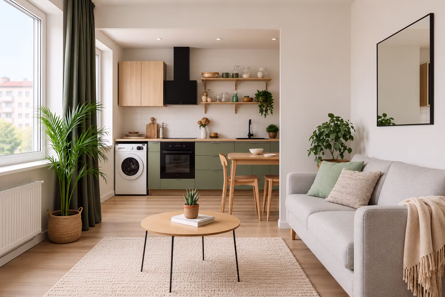 Compact ADU living room and kitchen with built-in storage and a large window.