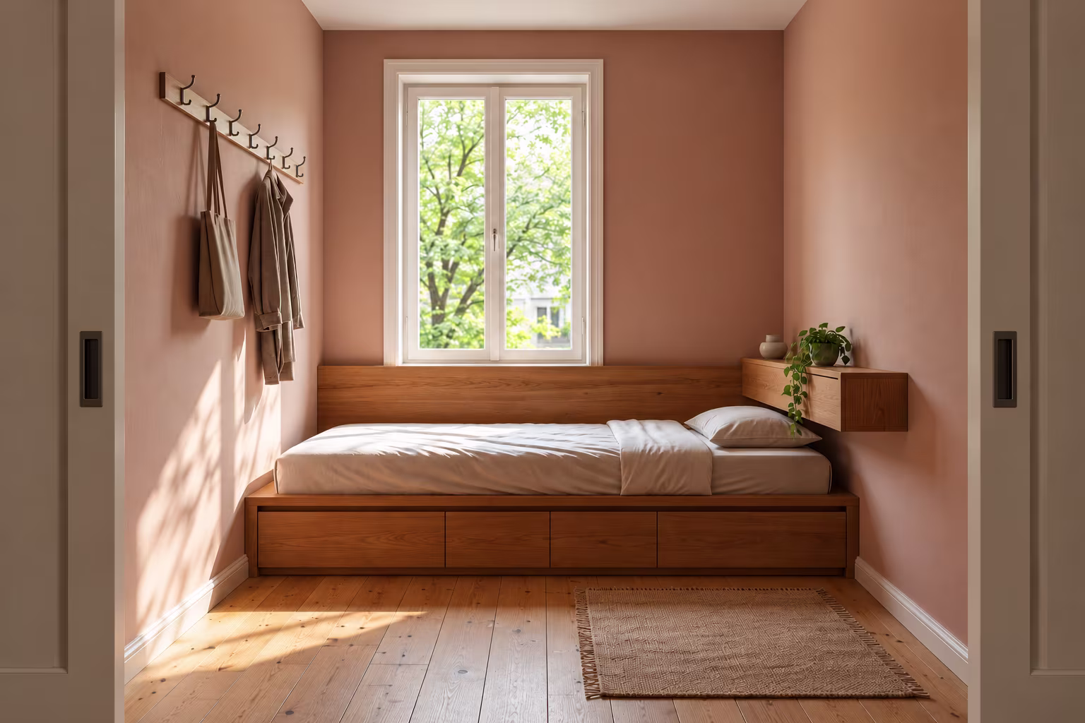 Small bedroom with a pocket door and built-in drawers under the bed.