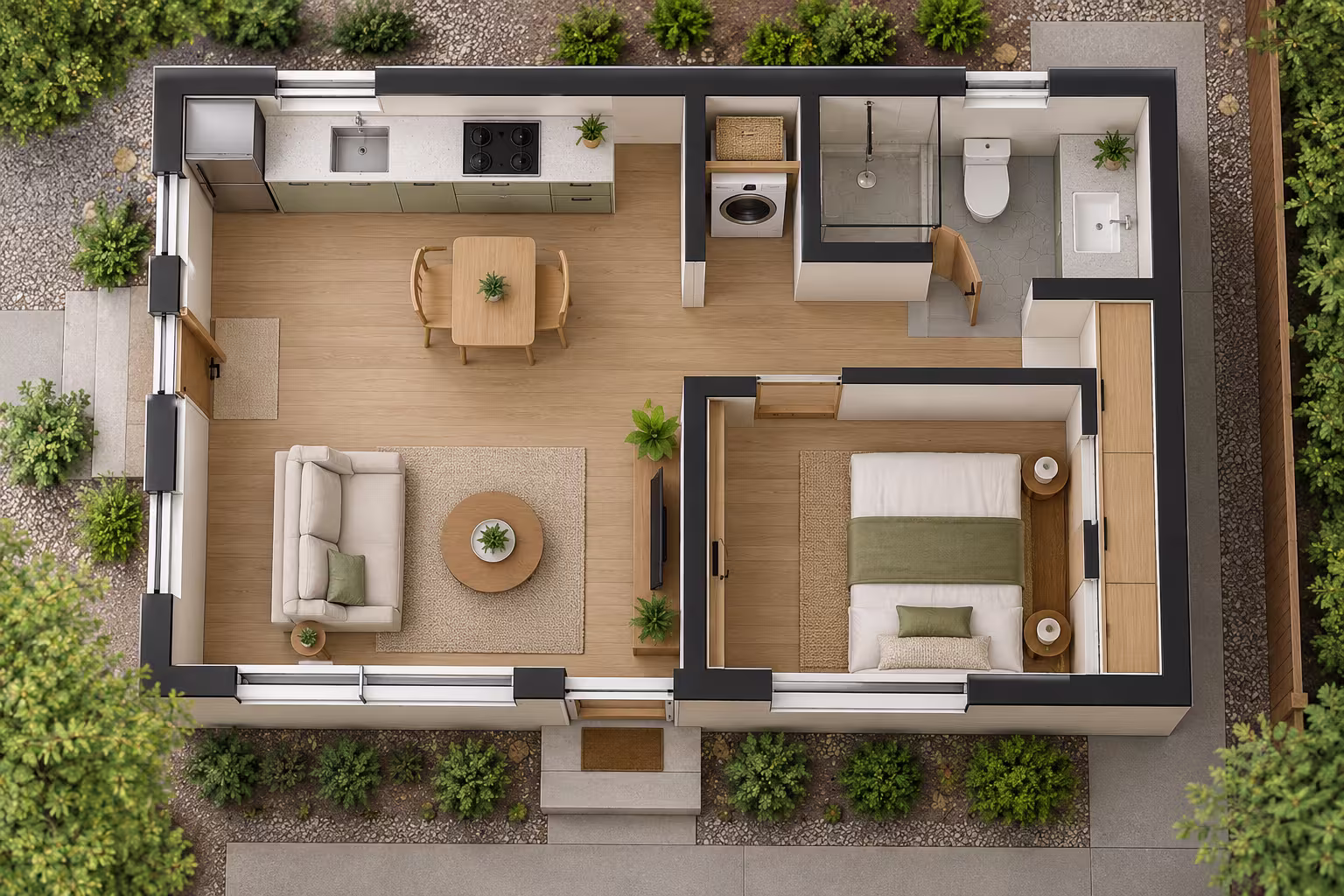 Floor plan sketch of a small backyard cottage with furniture layout.