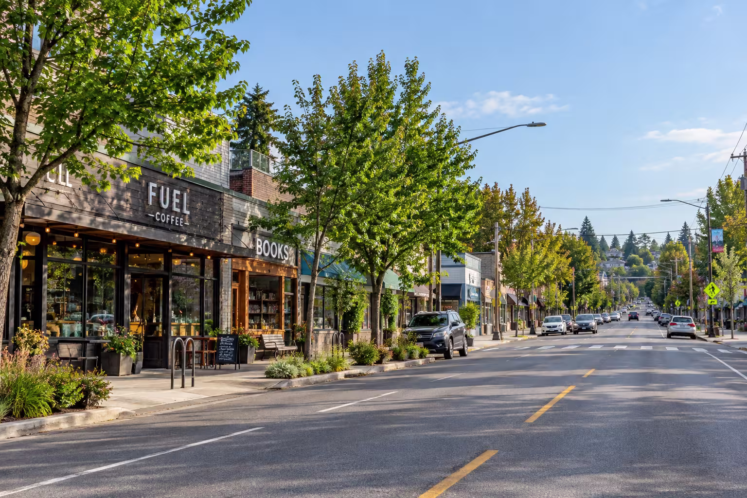 Seattle neighborhood arterial with small businesses, a likely future neighborhood center