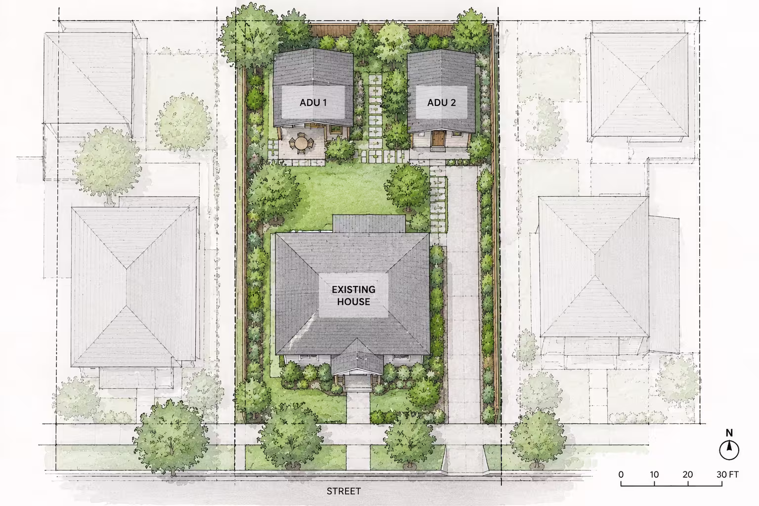 Site sketch of a Seattle lot with an existing house and two new accessory dwelling units