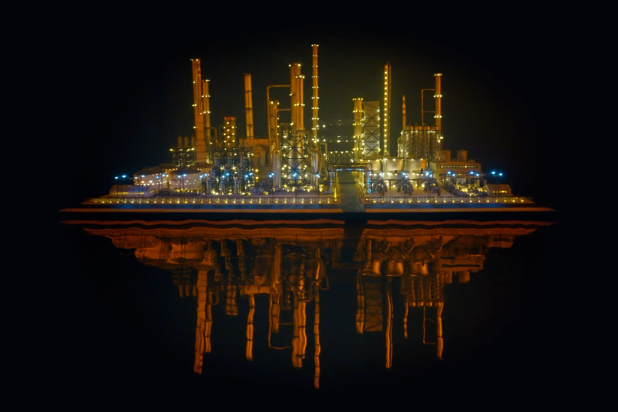 Oplyst industrielt raffinaderi med tårne, der reflekteres i vand om natten.