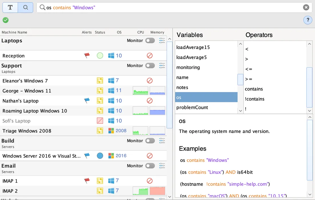 Screenshot of a machine monitoring dashboard filtered by OS containing 'Windows', showing computer names, OS versions, CPU and memory usage, and a panel with variables and operators for filtering.