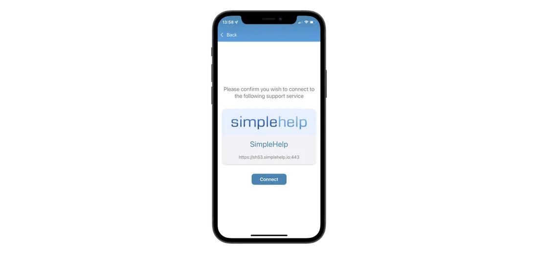 Mobile screen showing a prompt to confirm connection to SimpleHelp support service with a Connect button.