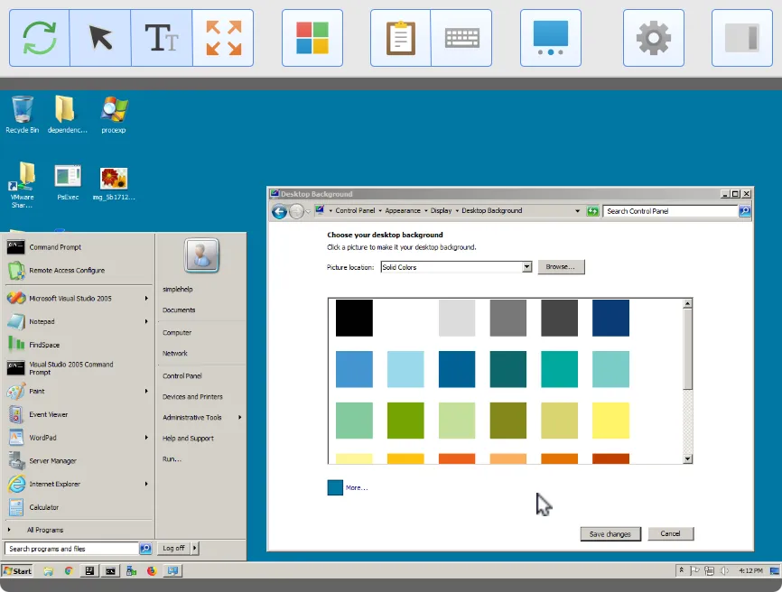 Windows desktop showing a Control Panel window to choose a solid color as the desktop background, with the Start menu open on the left side.