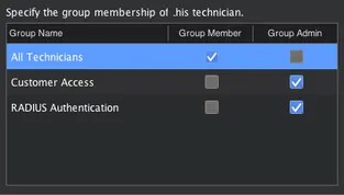 Dialog box with group membership options: All Technicians checked as Group Member, Customer Access and RADIUS Authentication checked as Group Admin.