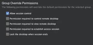 Settings panel titled Group Override Permissions with checkbox options for session control and remote desktop permissions, only Allow session control is checked.