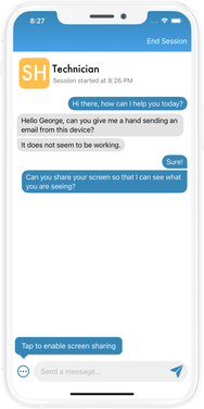 Mobile chat interface showing a technician assisting a user named George with email issues, featuring messages about sharing screen and enabling screen sharing.