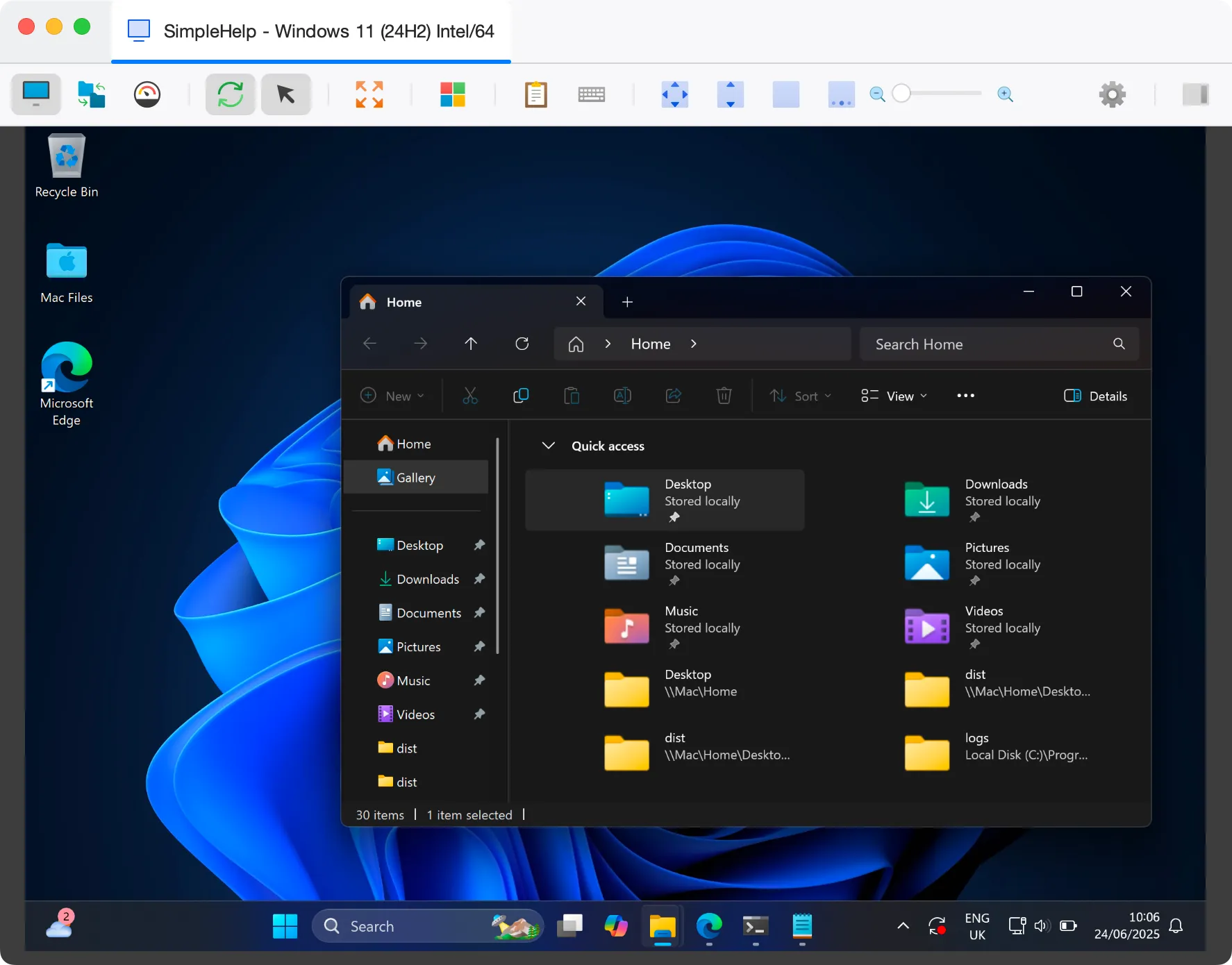 Windows 11 desktop showing a dark mode File Explorer window open to Quick access folders including Desktop, Downloads, Documents, Pictures, Music, and Videos.
