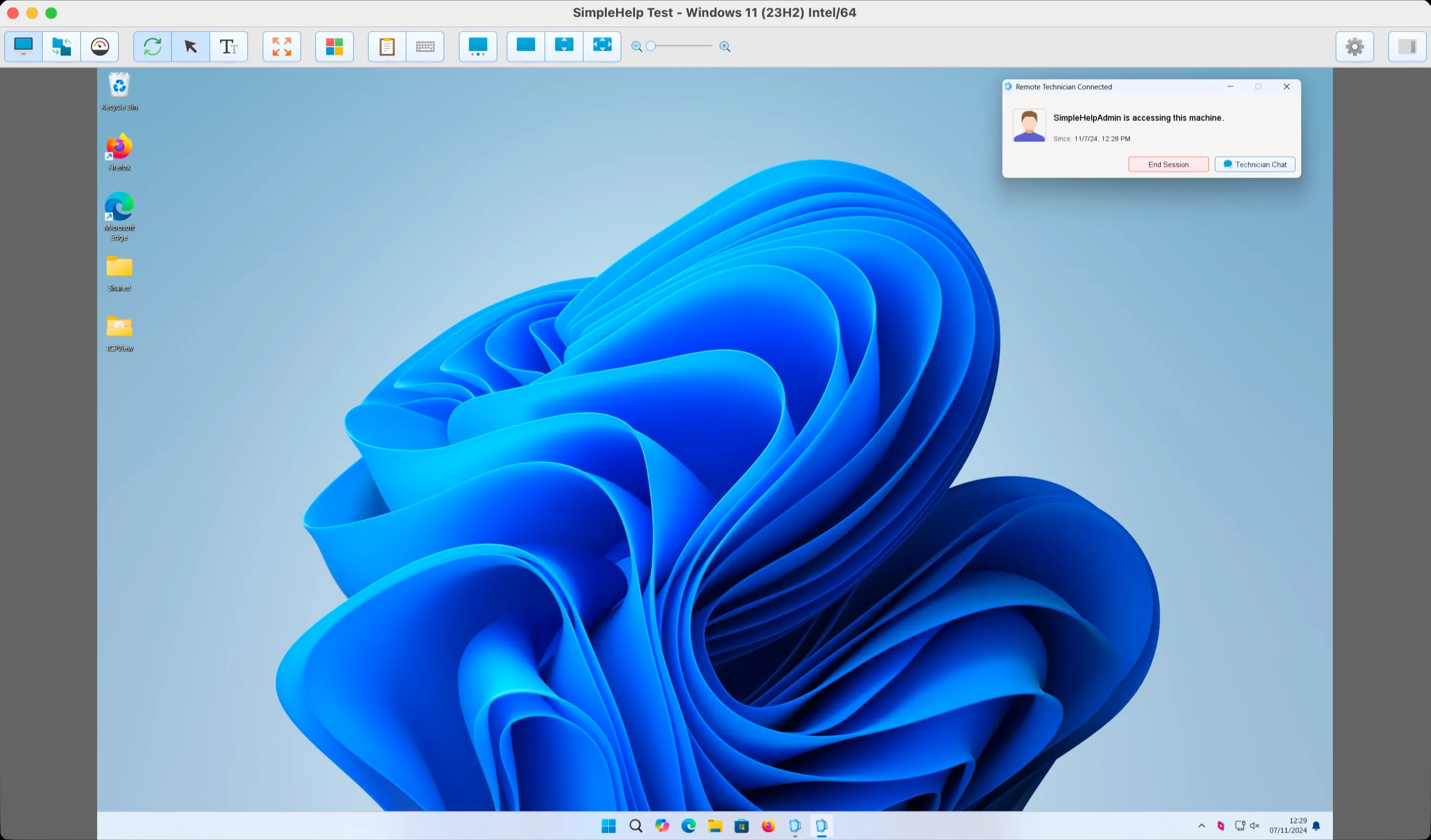 A screenshot of a SimpleHelp Remote Access session window connected to a Windows 11 desktop