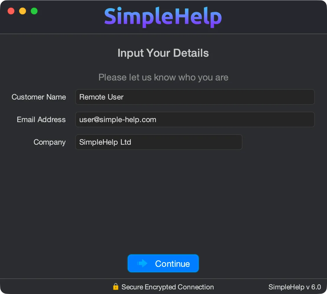 A screenshot of the Remote Support application showing customer details collection