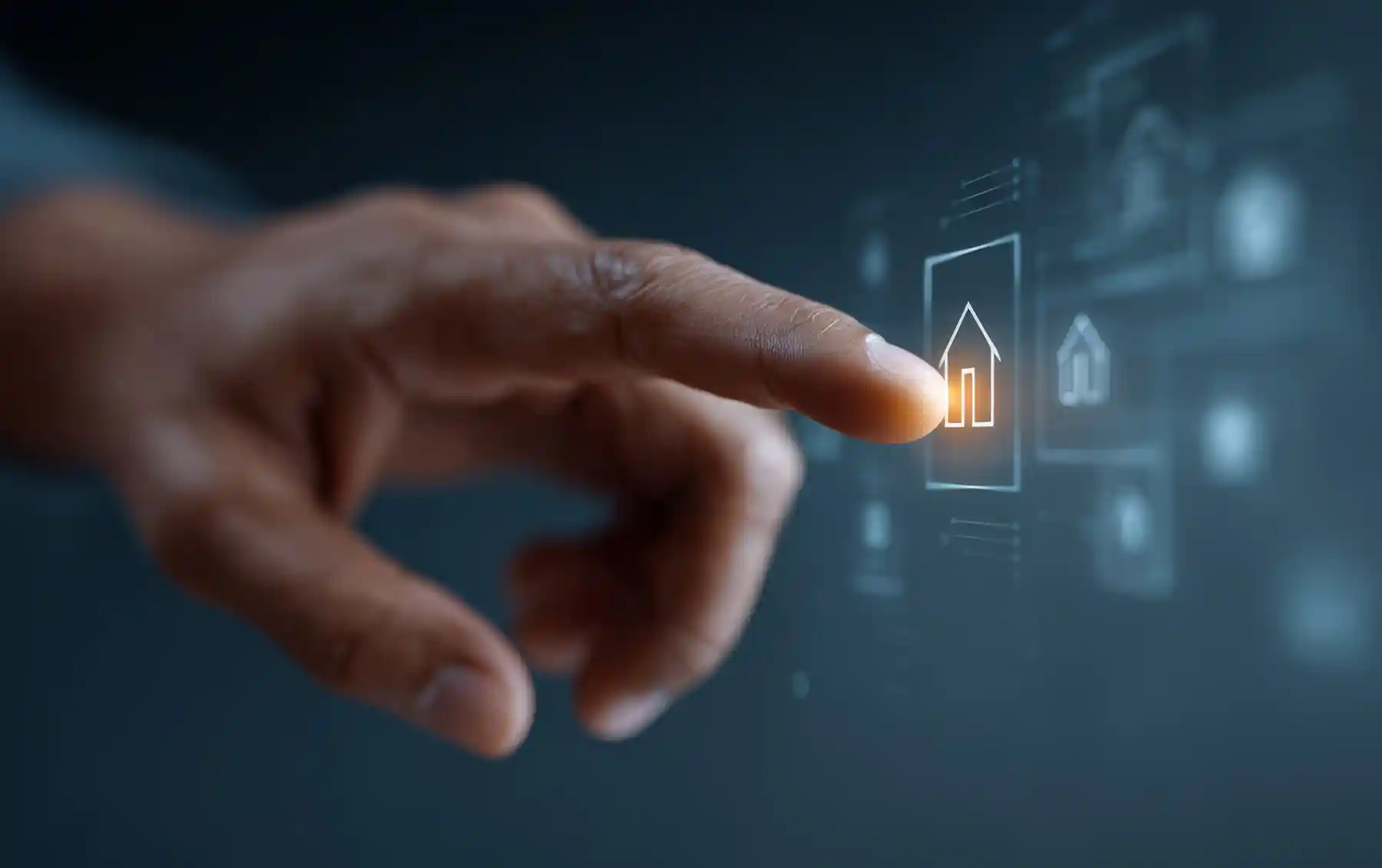 A blue lite scene with a closeup hand  pointing and pushing glowing house icon on a touch screen