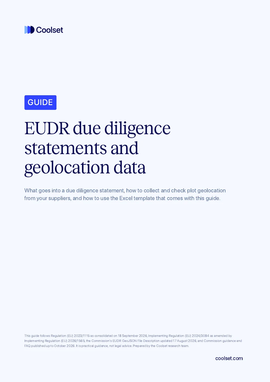 Coolset EUDR DDS and geolocation data template in Excel, showing the plot tab with a check per row