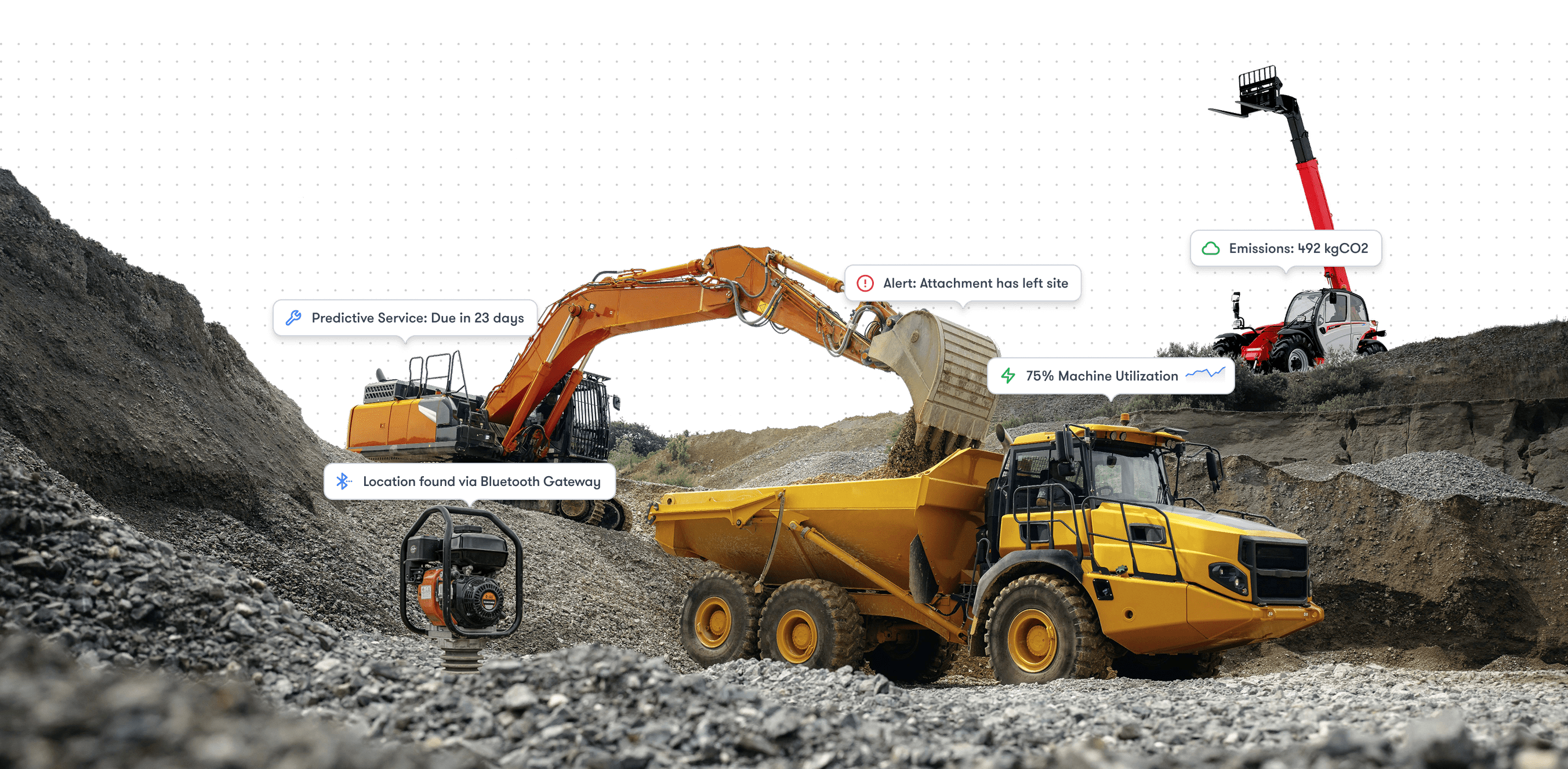 Excavators, a dump truck, and a telehandler work at a gravel site with Trackunit Manager labels showing key construction telematics data.