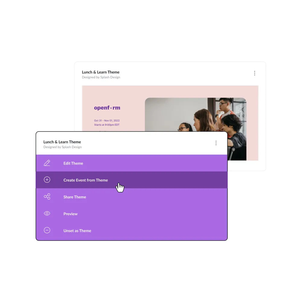 A Splash event page with a dropdown menu open showing theme options, including editing, previewing, and sharing the theme