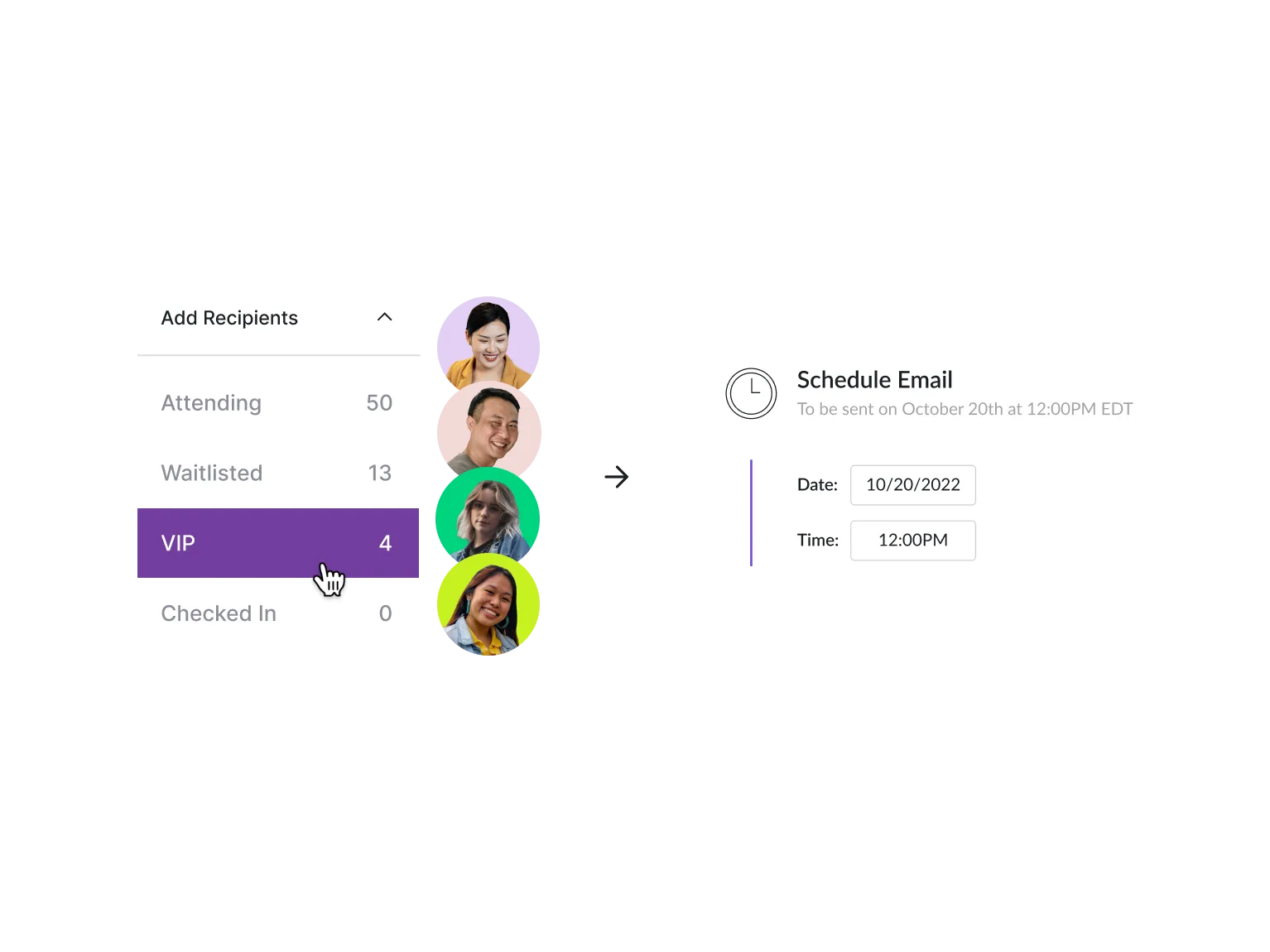 A Splash email targeting interface showing guest segments including attending, waitlisted, and VIP, with a scheduler set to send an email on October 20th at 12pm