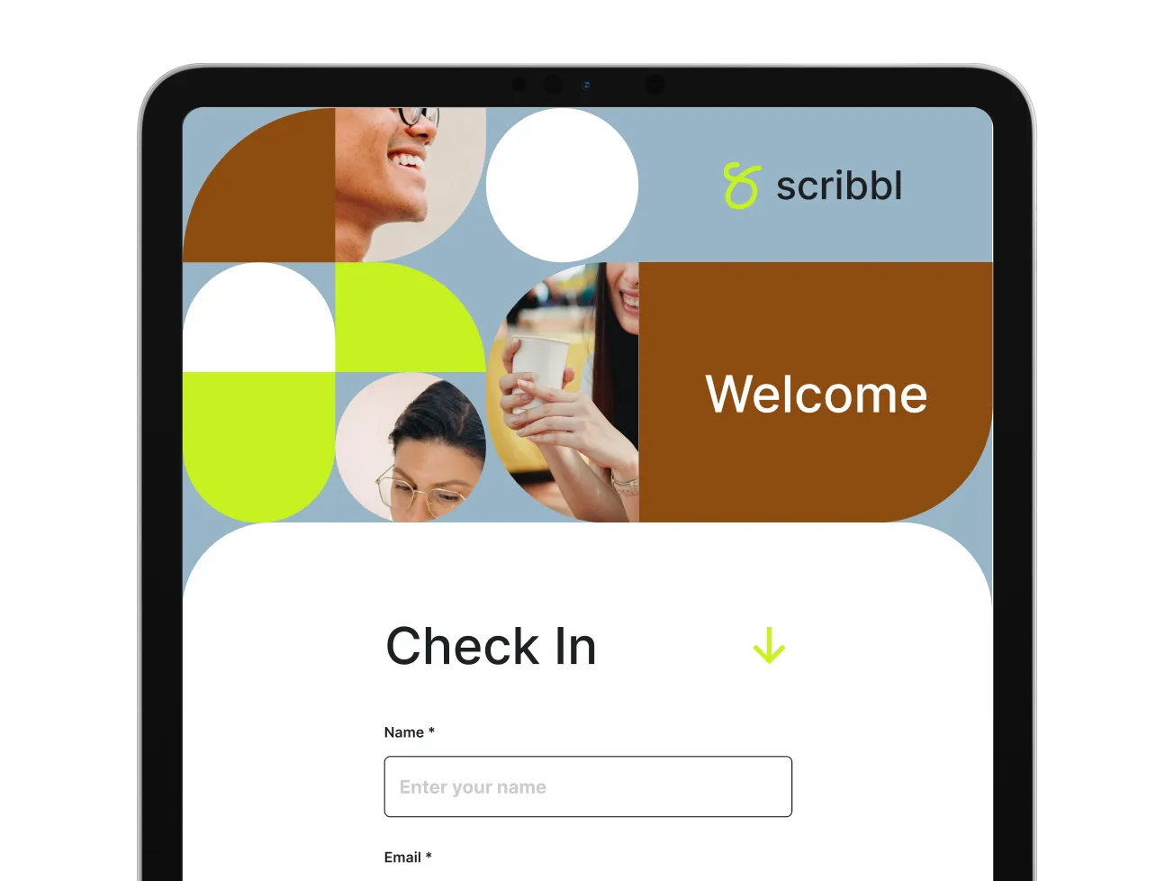 A tablet displaying a branded on-site check-in form for a Scribbl event, with a welcome banner and fields for name and email
