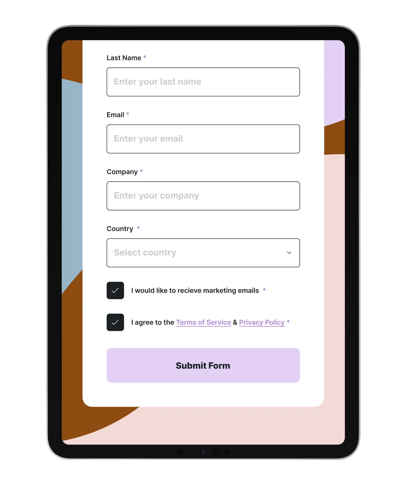 A tablet displaying a Splash event registration form with fields for last name, email, company, and country, plus checkboxes for marketing email opt-in and agreement to terms of service