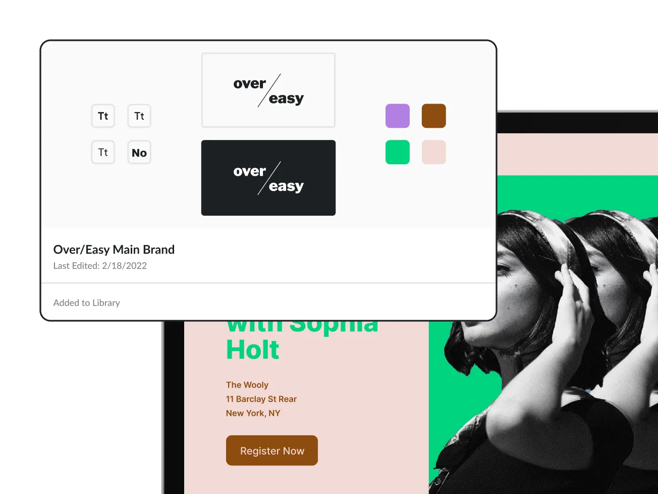 The Splash Brand Library showing the Over/Easy brand kit with saved fonts, logo variations, and color swatches, alongside a preview of a branded event page using those assets