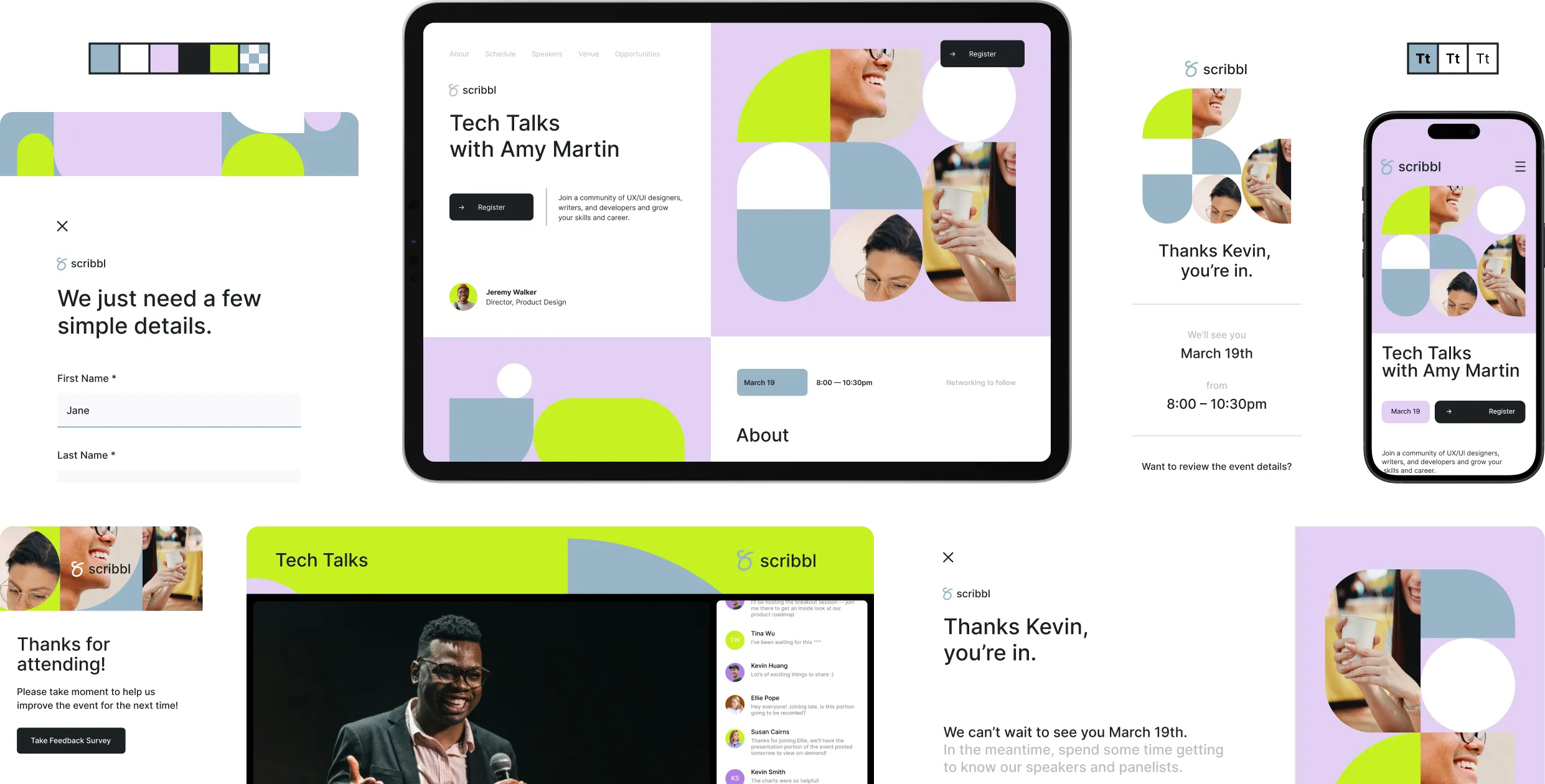 Multiple screens showing consistent branding across every stage of the attendee journey for a Scribbl 'Tech Talks with Amy Martin' event, including the event page, registration form, confirmation message, post-event follow-up, and mobile views