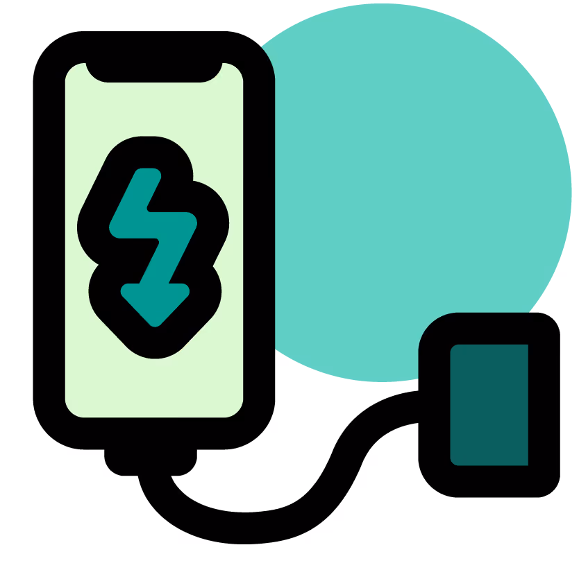 A green illustration of a phone being plugged into the wall to be charged.