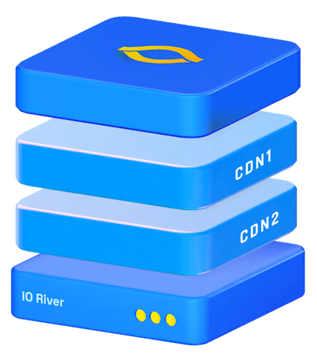 Three different types of blue computers stacked on top of each other.