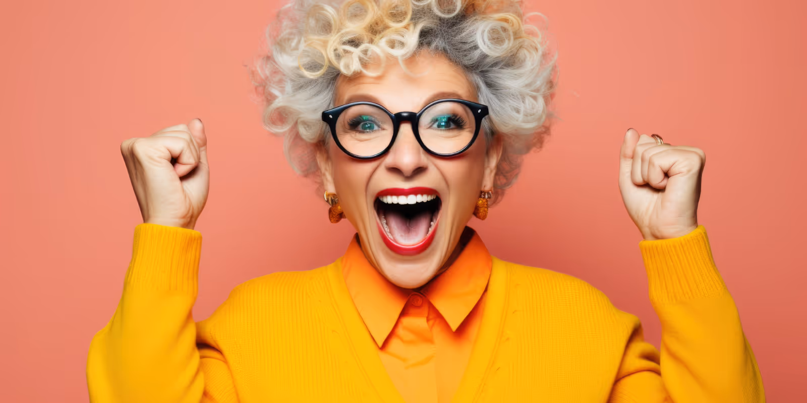 happy elderly woman rejoices at a successful project