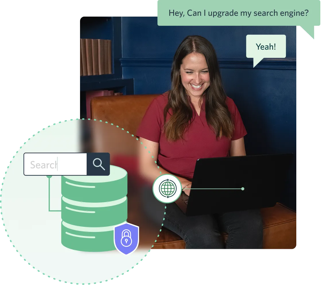 Smiling woman in a red shirt sitting on a couch using a laptop, with graphic overlay of a secure search engine database and chat bubbles reading 'Hey, Can I upgrade my search engine?' and 'Yeah!'