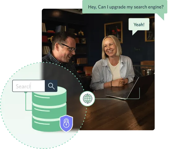 collage showing two people on a laptop along with search on one's internal network.
