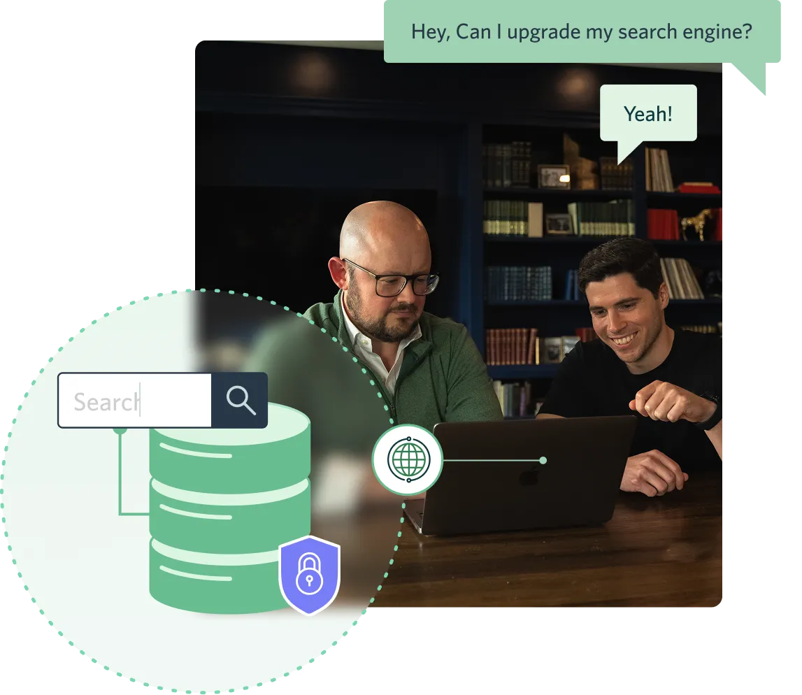 collage showing two people on a laptop along with search on one's internal network.