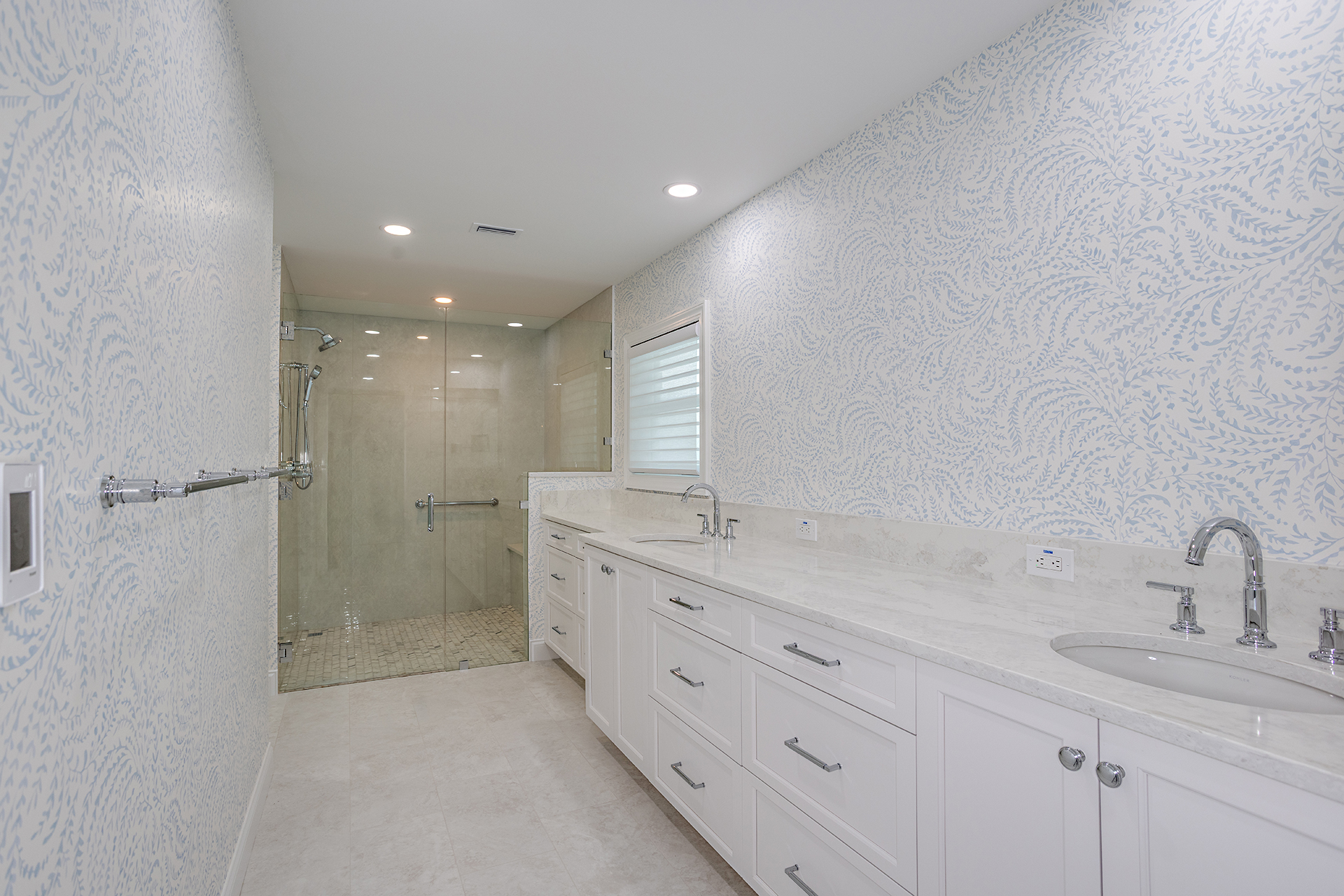 custom white bathroom cabinets with glass shower