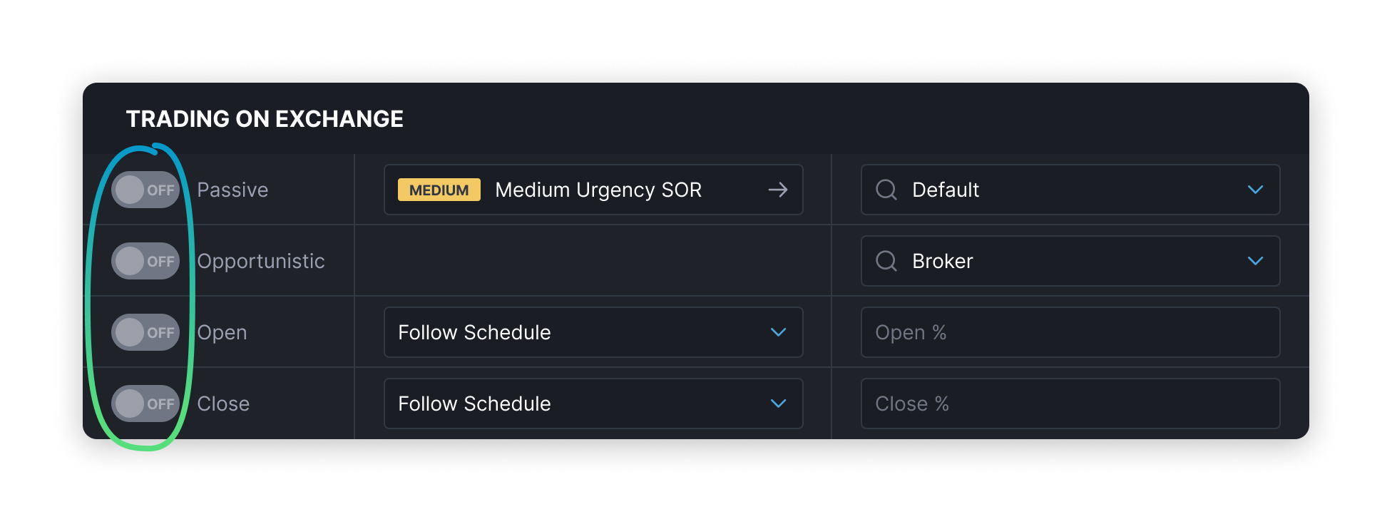 AMS One Trading on Exchange panel with passive, opportunistic, open, and close toggles switched off