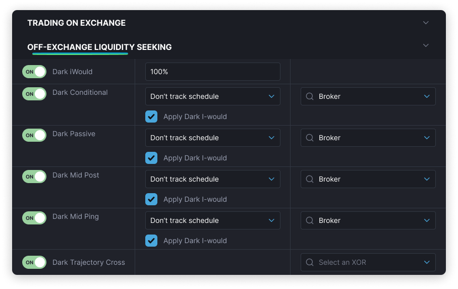 AMS One off-exchange liquidity seeking panel with dark tactics enabled