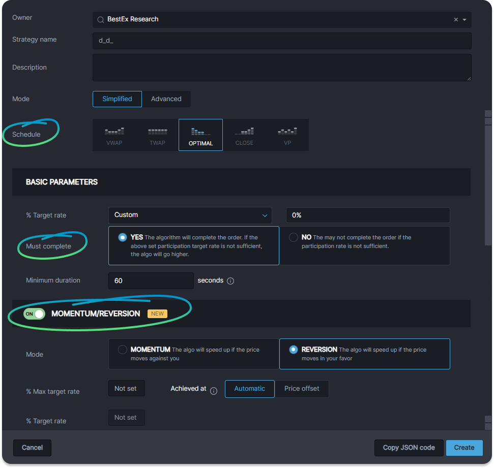 AMS One strategy setup screen showing schedule selection, must-complete setting, and momentum/reversion toggle