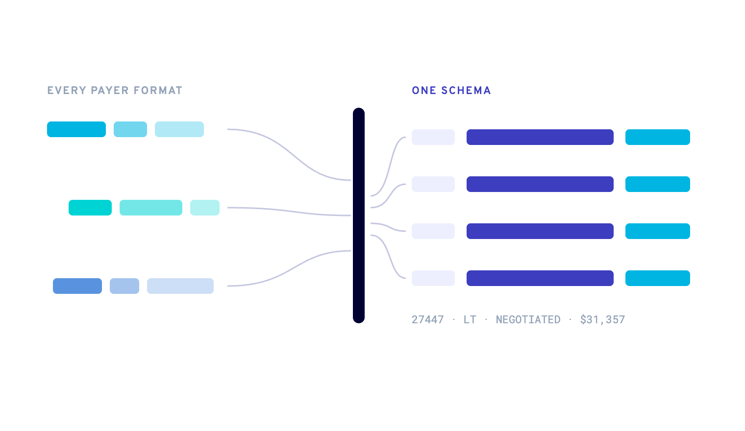 Diagram showing rate records in every payer's own format normalized into one consistent schema