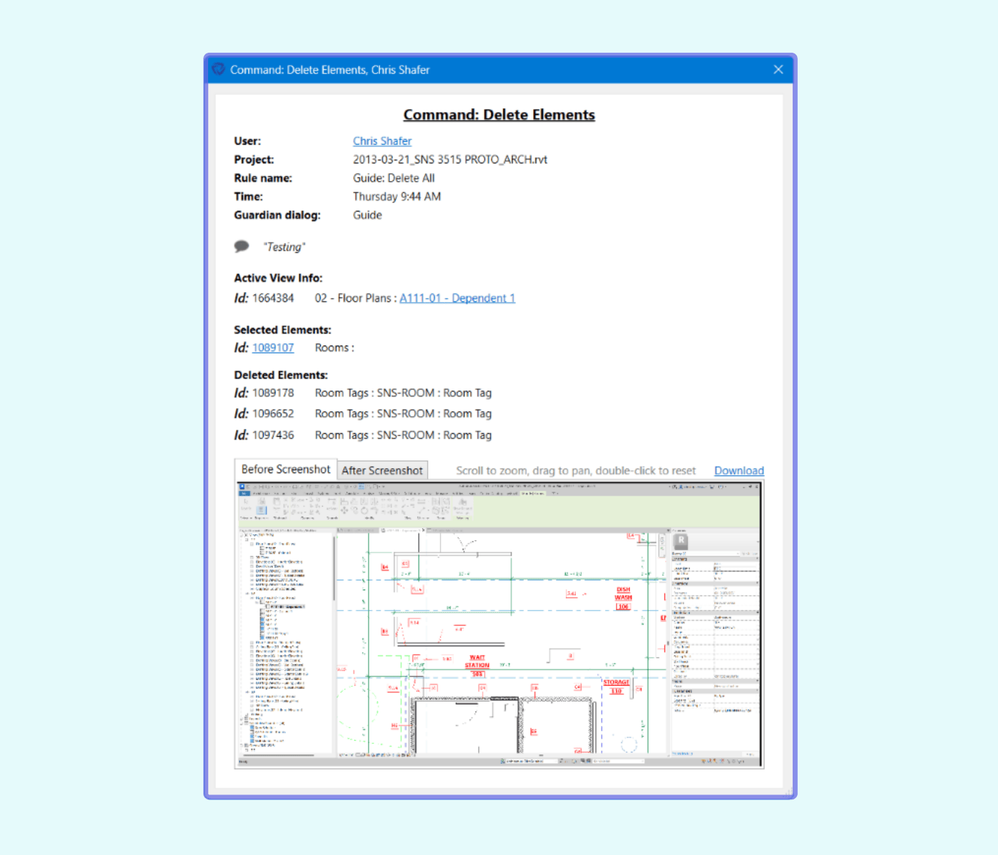 Admin email notification when a user deletes Revit elements
