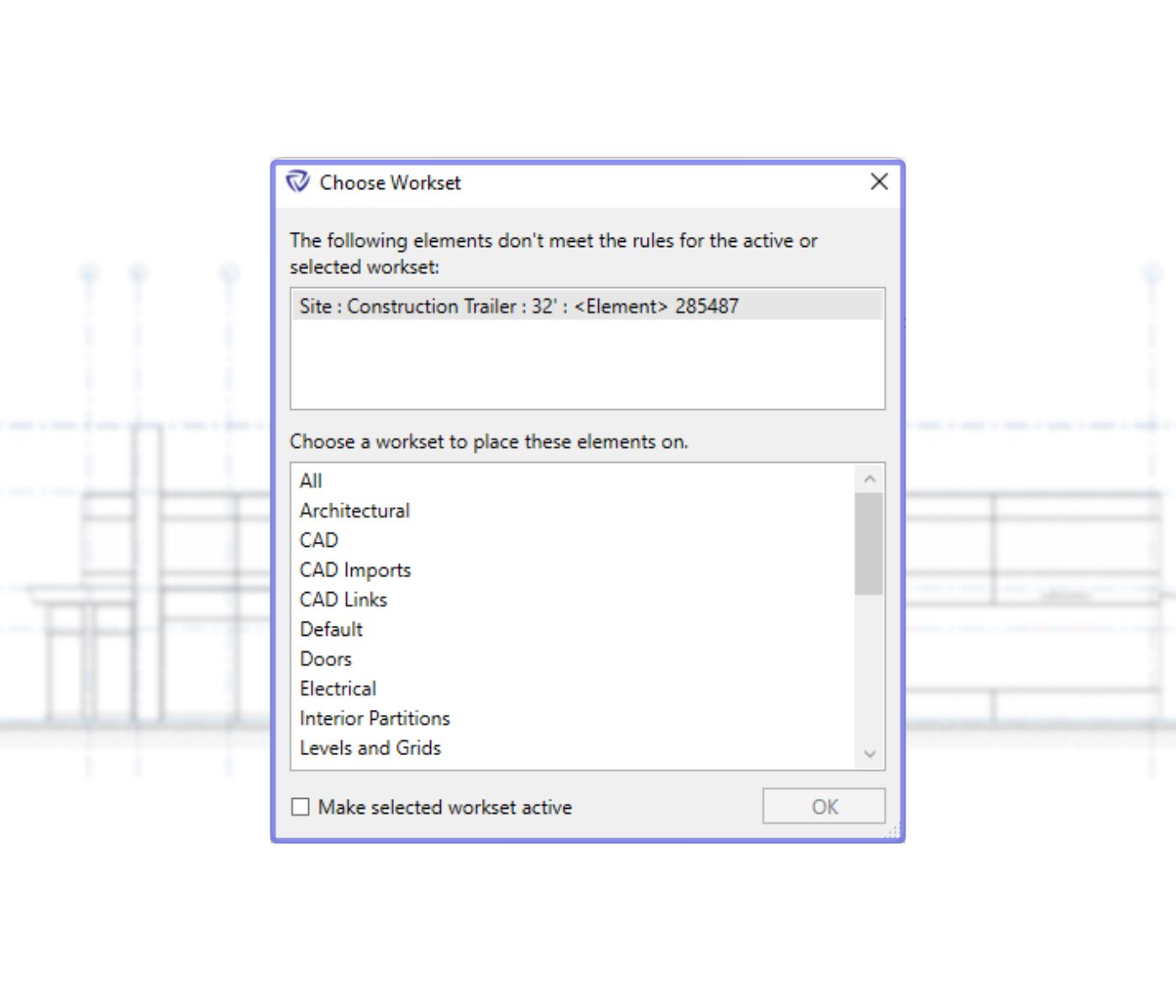 Workset rules dialog to choose correct workset