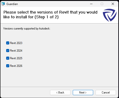 Guardian install dialog for supported Revit versions