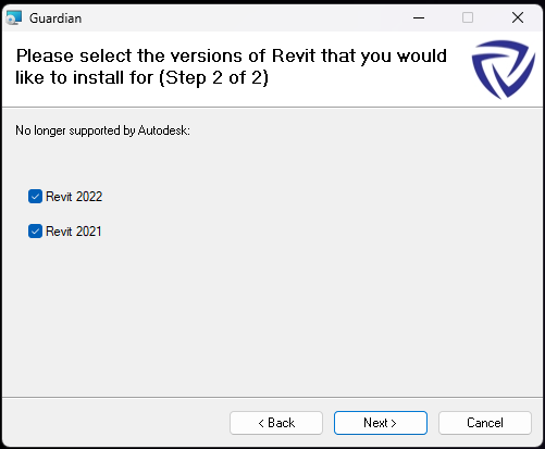 Guardian install dialog for unsupported Revit versions